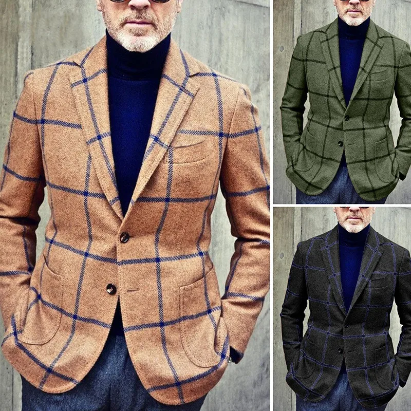 Мужской классический пиджак в европейском и американском стиле, клетчатая ретро, простая, на двух пуговицах, Модная, деловая, повседневная, праздничная, повседневная куртка0