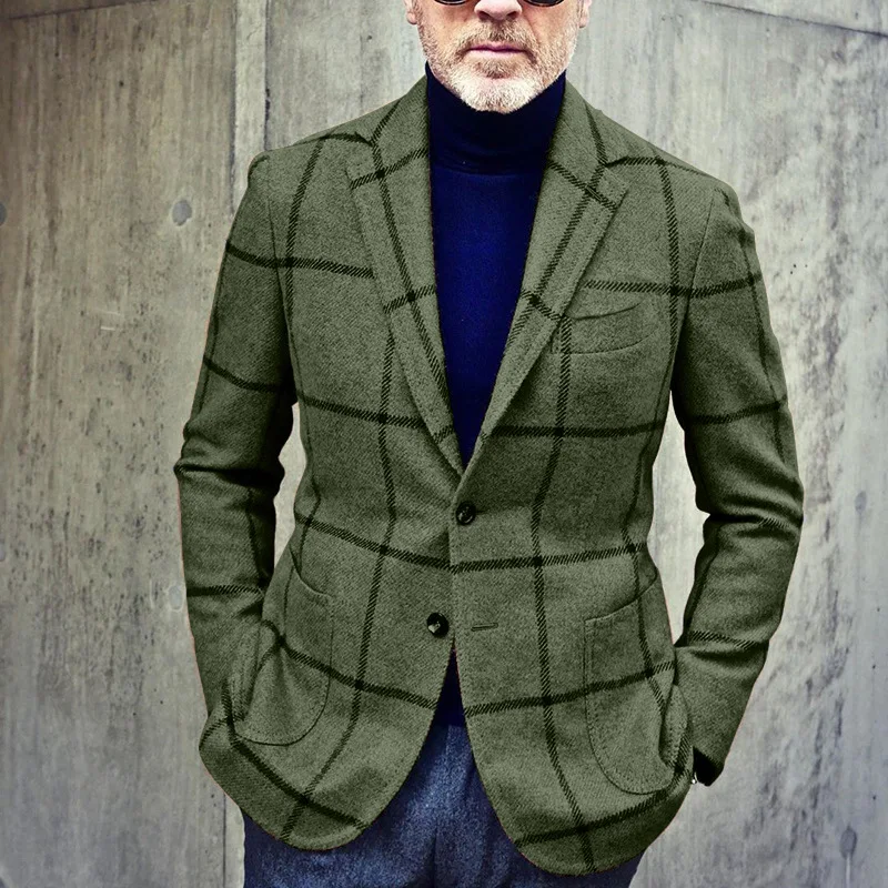 Мужской классический пиджак в европейском и американском стиле, клетчатая ретро, простая, на двух пуговицах, Модная, деловая, повседневная, праздничная, повседневная куртка2