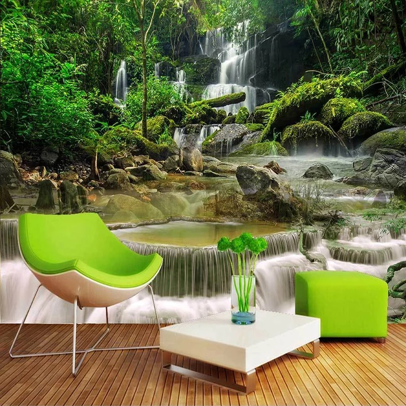 На заказ Любого размера 3D Настенные фрески Обои Зеленая Природа Пейзаж Лес Водопад Фото Фон Настенная живопись Papel De Parede1