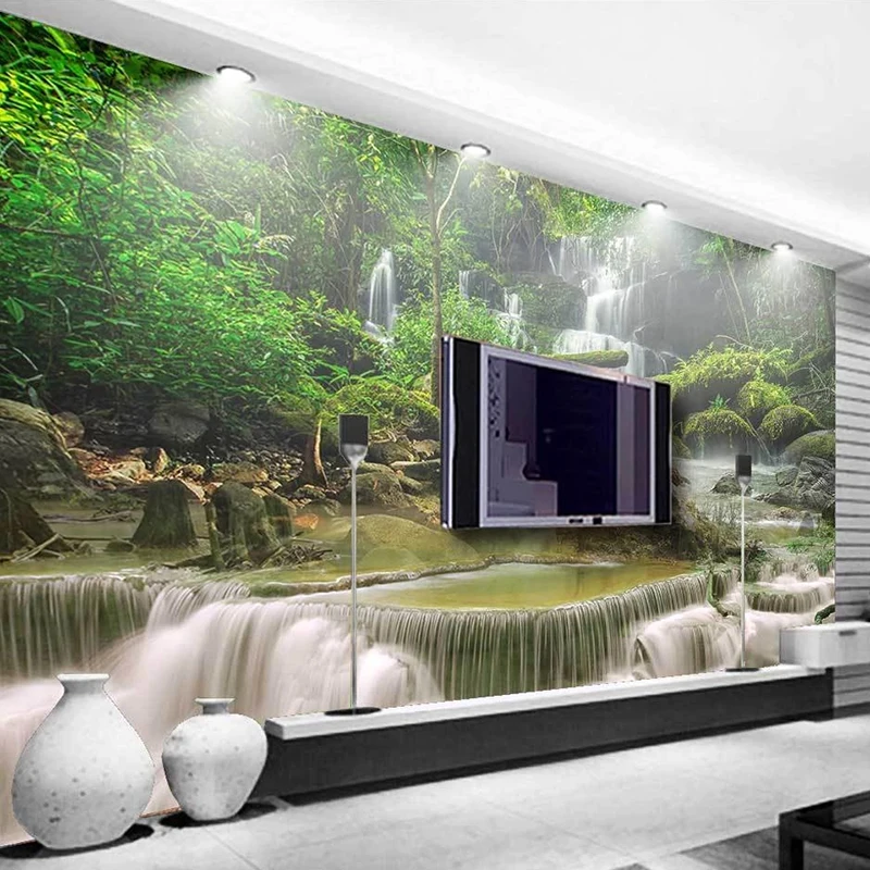 На заказ Любого размера 3D Настенные фрески Обои Зеленая Природа Пейзаж Лес Водопад Фото Фон Настенная живопись Papel De Parede2