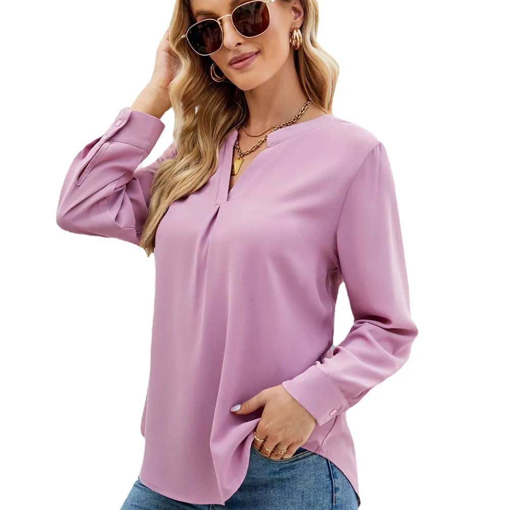 Новая однотонная шифоновая рубашка европейского и американского производства, Свободный пуловер с V-образным вырезом, верхняя рубашка с длинными рукавами, рубашки для женщин1