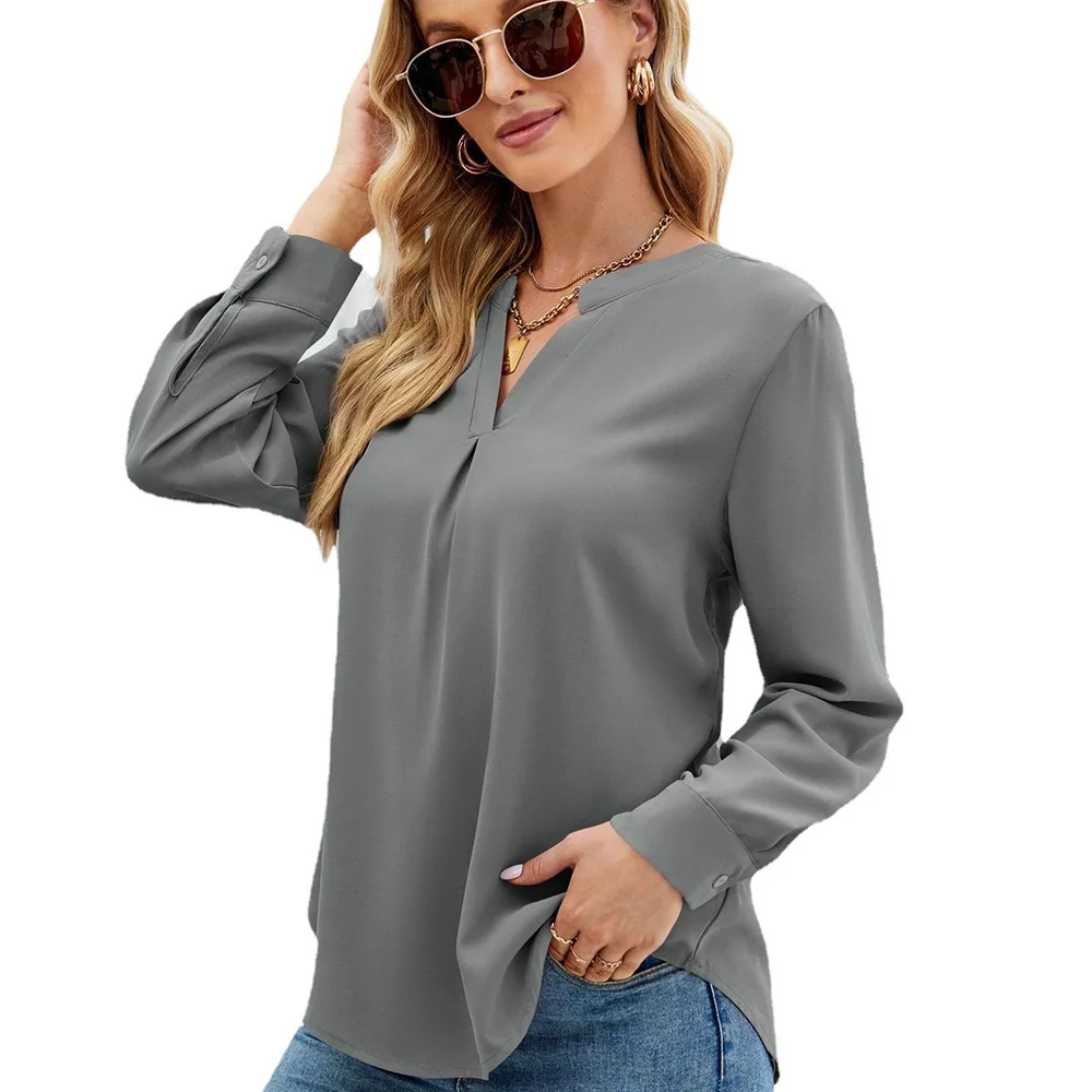 Новая однотонная шифоновая рубашка европейского и американского производства, Свободный пуловер с V-образным вырезом, верхняя рубашка с длинными рукавами, рубашки для женщин2