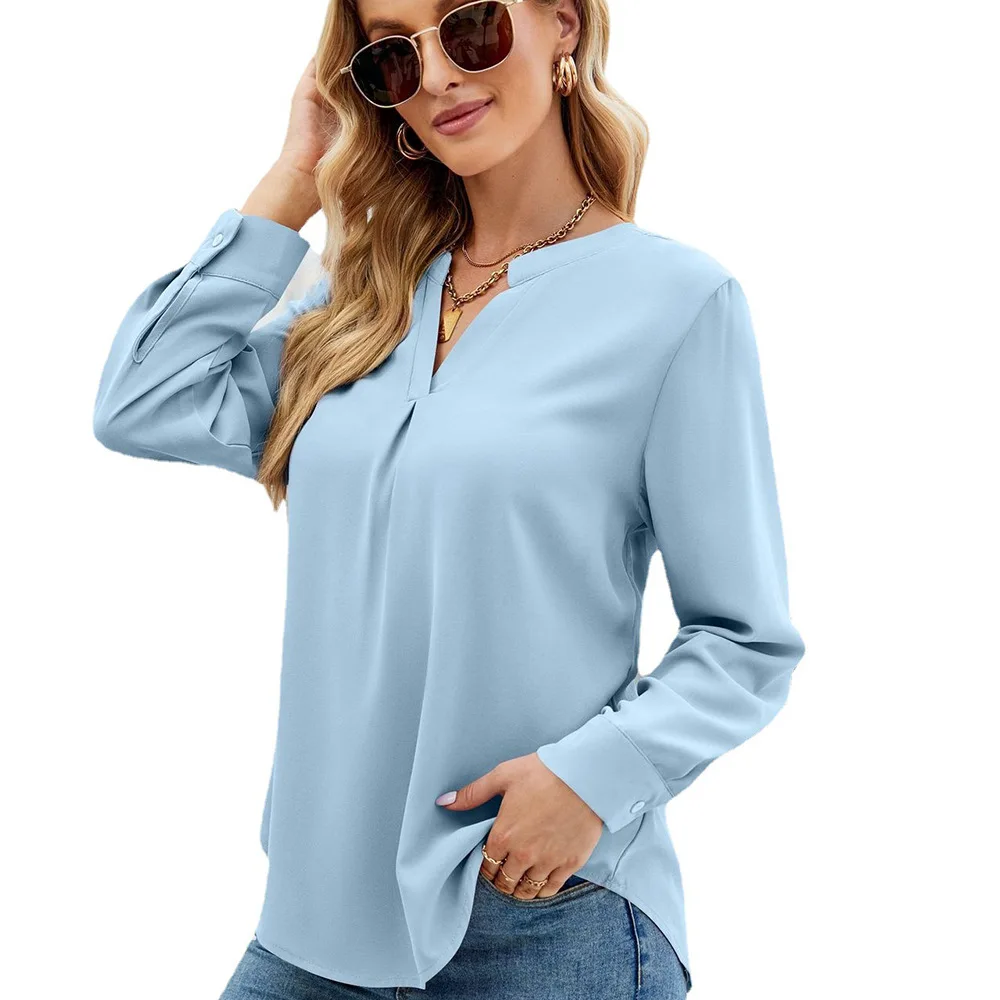 Новая однотонная шифоновая рубашка европейского и американского производства, Свободный пуловер с V-образным вырезом, верхняя рубашка с длинными рукавами, рубашки для женщин3