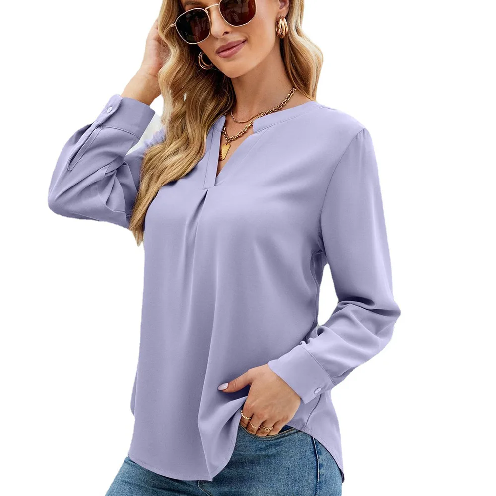 Новая однотонная шифоновая рубашка европейского и американского производства, Свободный пуловер с V-образным вырезом, верхняя рубашка с длинными рукавами, рубашки для женщин4