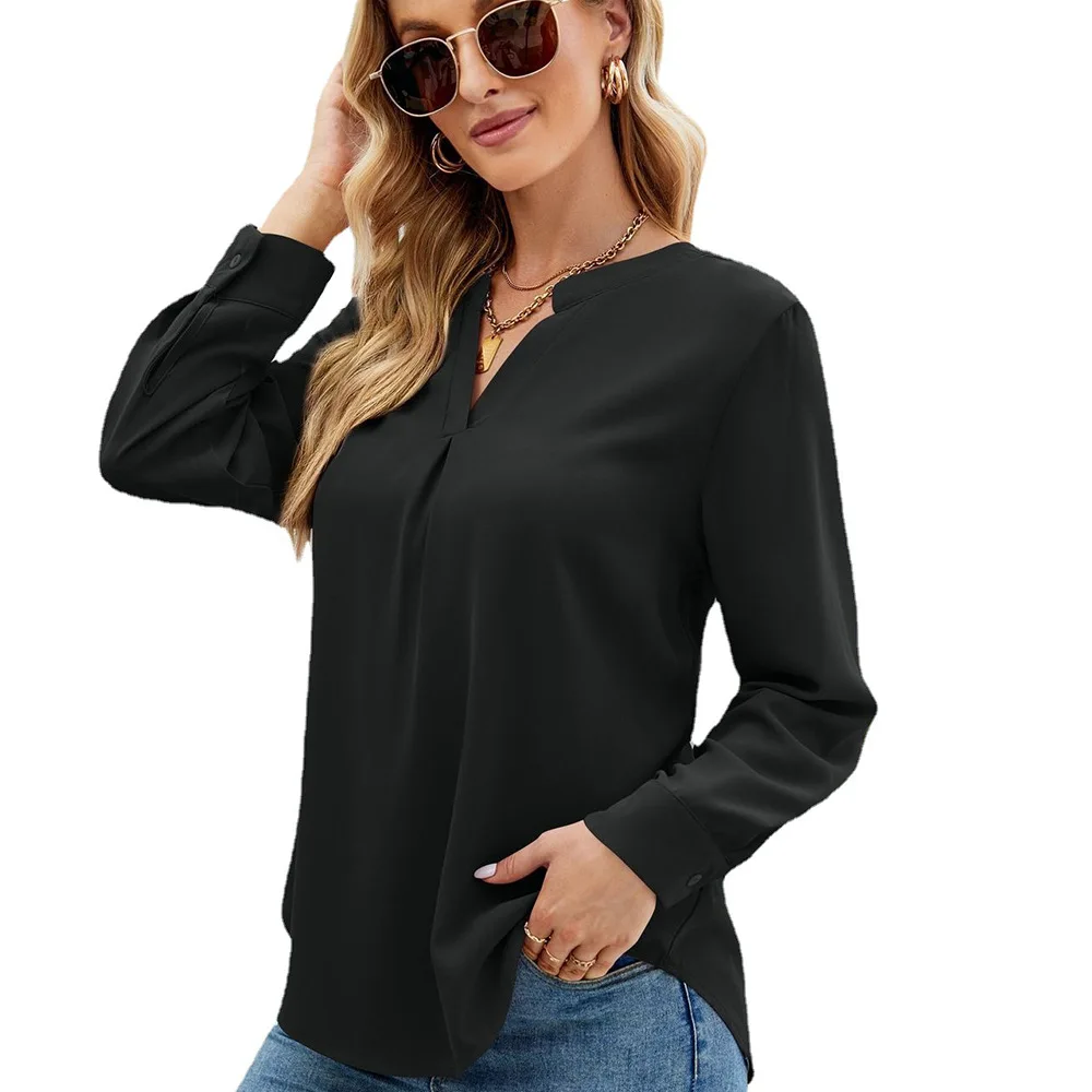 Новая однотонная шифоновая рубашка европейского и американского производства, Свободный пуловер с V-образным вырезом, верхняя рубашка с длинными рукавами, рубашки для женщин5