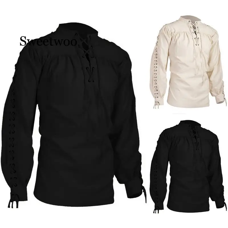 Новые мужские рубашки Средневековые пиратские рубашки Ренессанс, шотландские блузки на шнуровке, Топы, винтажная однотонная повязка, мужская рубашка с длинным рукавом2