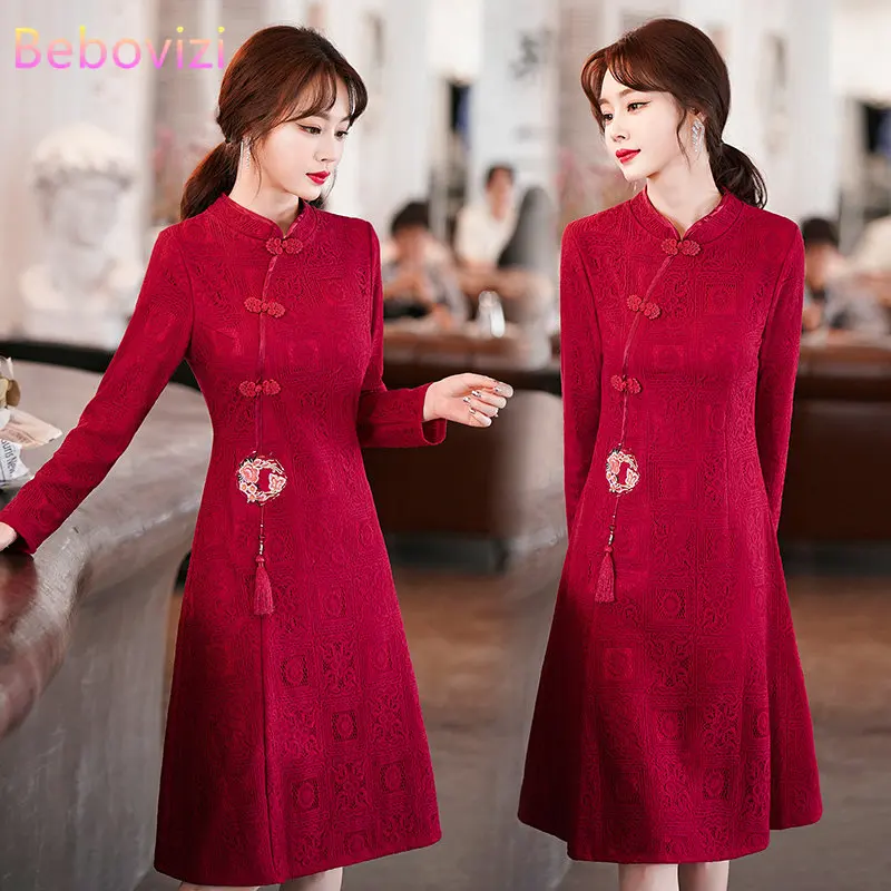 Новый стиль, воротник-стойка, Винтажное китайское традиционное платье Ципао с длинным рукавом Чонсам, женская одежда0