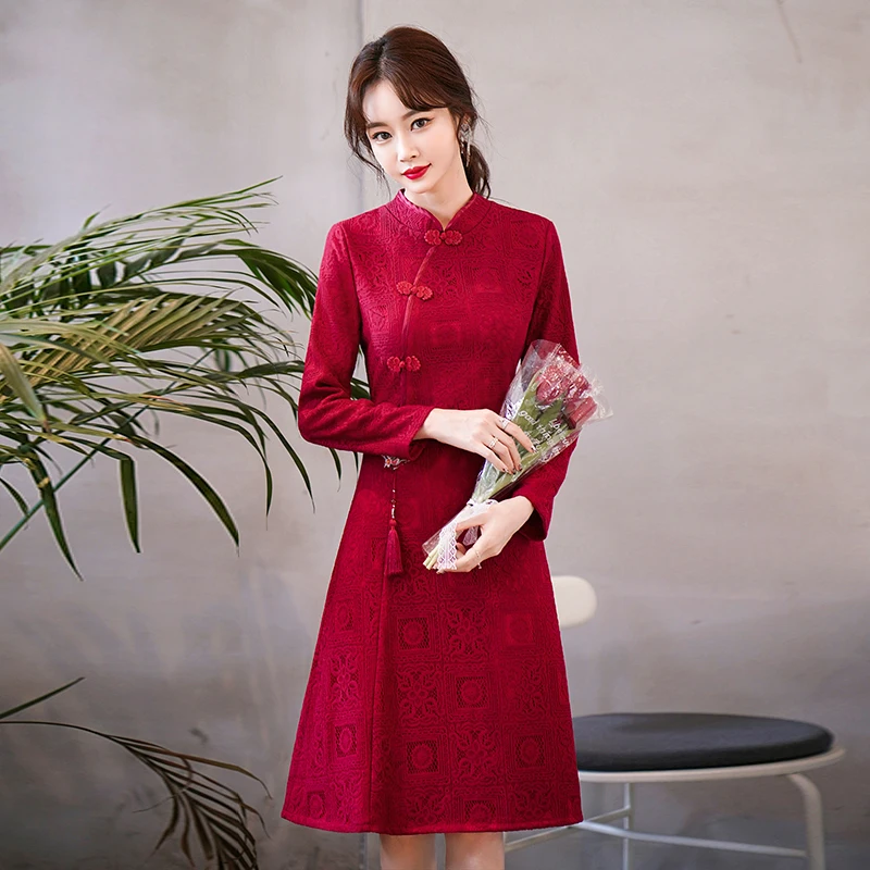 Новый стиль, воротник-стойка, Винтажное китайское традиционное платье Ципао с длинным рукавом Чонсам, женская одежда1