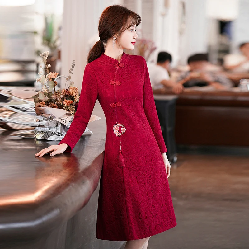 Новый стиль, воротник-стойка, Винтажное китайское традиционное платье Ципао с длинным рукавом Чонсам, женская одежда2