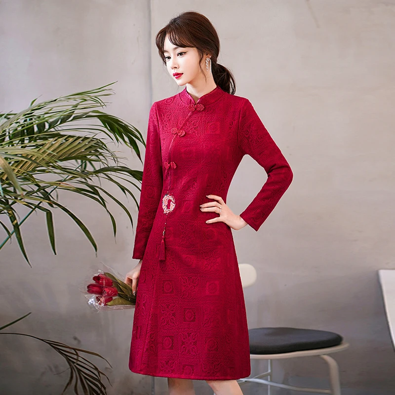 Новый стиль, воротник-стойка, Винтажное китайское традиционное платье Ципао с длинным рукавом Чонсам, женская одежда3