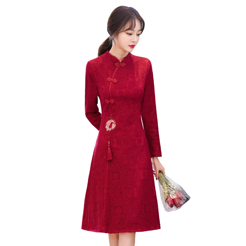 Новый стиль, воротник-стойка, Винтажное китайское традиционное платье Ципао с длинным рукавом Чонсам, женская одежда4
