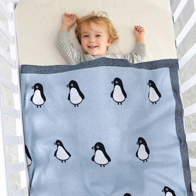 Одеяло для новорожденных, Хлопчатобумажный плед, Вязаная Детская коляска для мальчиков и девочек, Пеленание, Детская кровать, Спальные чехлы, Милое Мягкое одеяло с пингвинами1