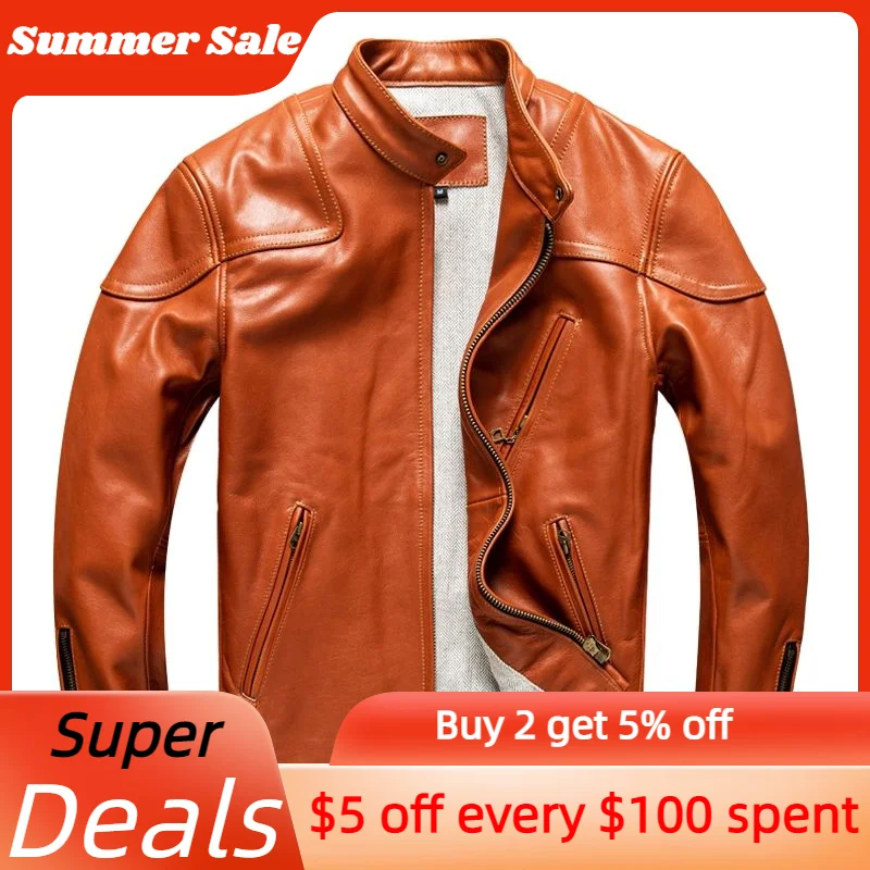 Оранжевая мужская весенняя куртка Размера плюс 5XL в мотоциклетном стиле из натуральной конской кожи, осенние приталенные короткие пальто из натуральной кожи0