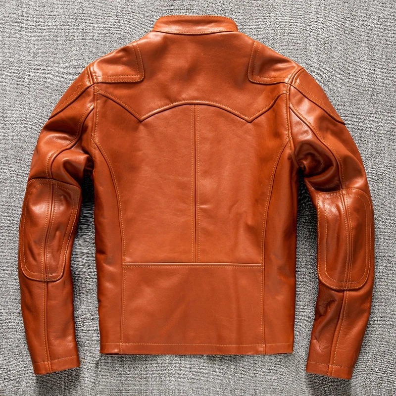 Оранжевая мужская весенняя куртка Размера плюс 5XL в мотоциклетном стиле из натуральной конской кожи, осенние приталенные короткие пальто из натуральной кожи1