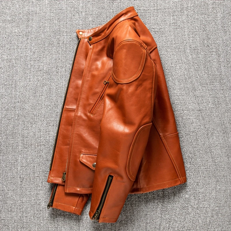 Оранжевая мужская весенняя куртка Размера плюс 5XL в мотоциклетном стиле из натуральной конской кожи, осенние приталенные короткие пальто из натуральной кожи2