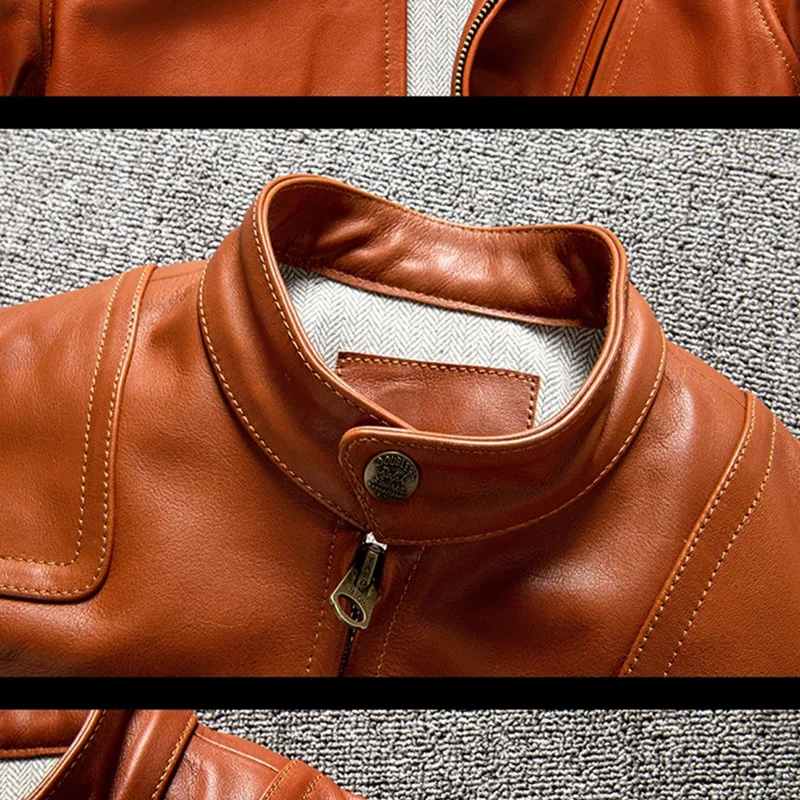Оранжевая мужская весенняя куртка Размера плюс 5XL в мотоциклетном стиле из натуральной конской кожи, осенние приталенные короткие пальто из натуральной кожи3