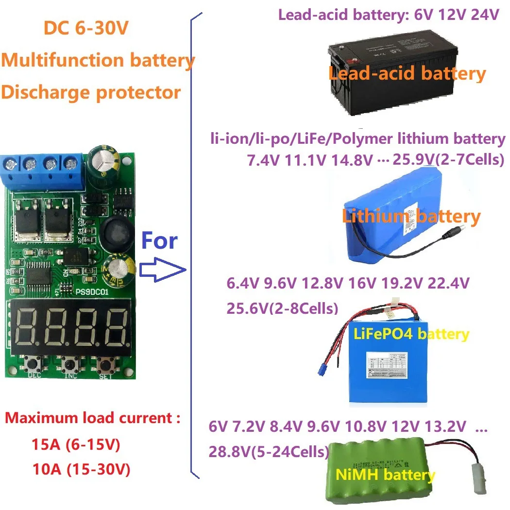 Плата защиты аккумулятора PS9DC01 15A DC6-30V, Многофункциональная защита от разряда аккумулятора с функцией сброса режима энергосбережения3