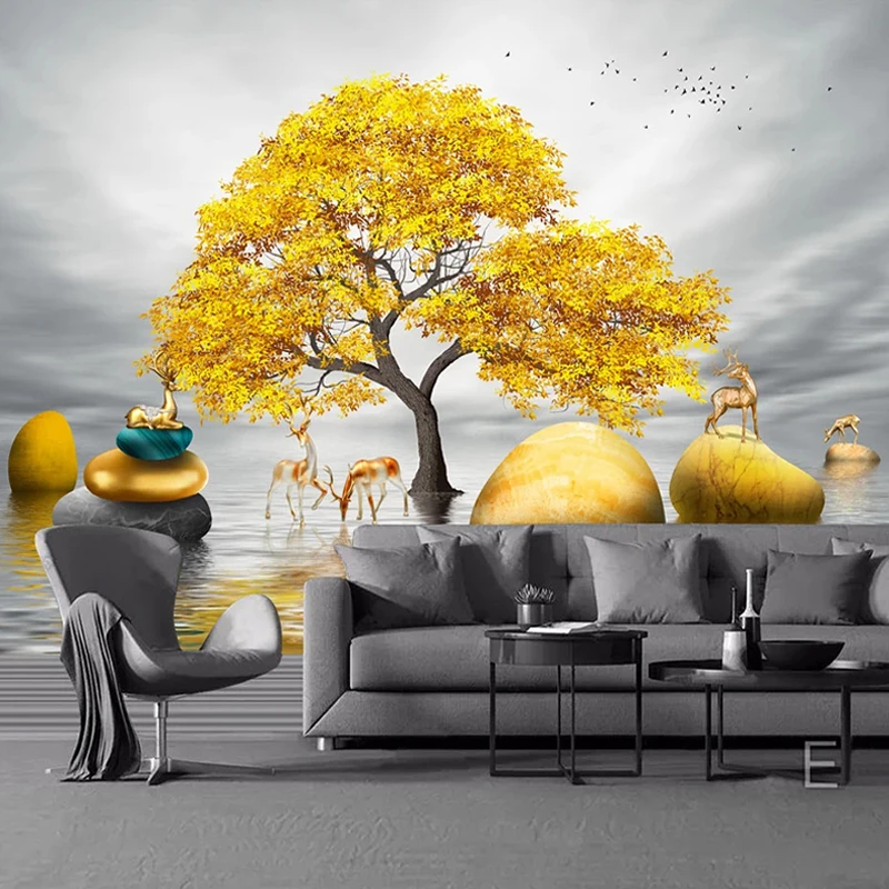 Пользовательские 3D Настенные Фрески Обои Золотое Большое Дерево Декор В Виде Лося Живопись Современный Творческий Кабинет Гостиная Диван Спальня Фотообои1
