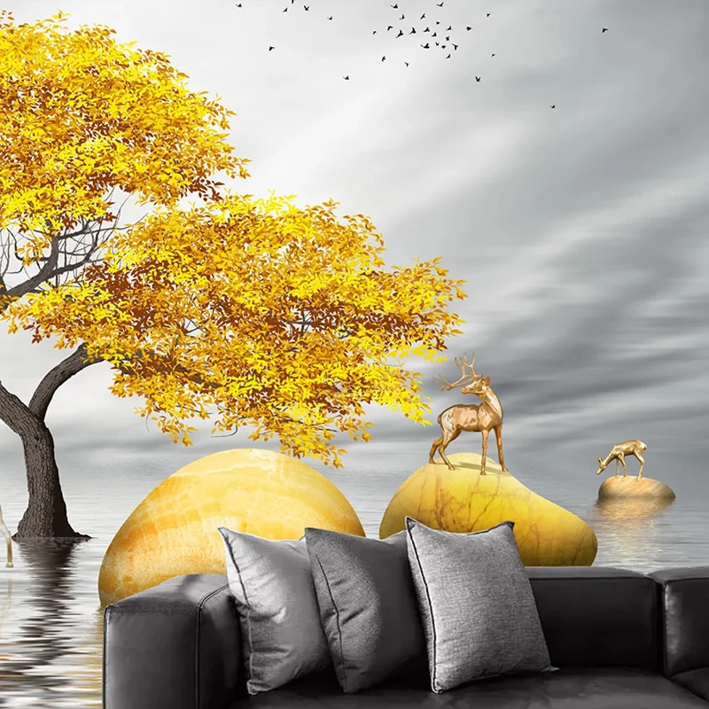 Пользовательские 3D Настенные Фрески Обои Золотое Большое Дерево Декор В Виде Лося Живопись Современный Творческий Кабинет Гостиная Диван Спальня Фотообои3