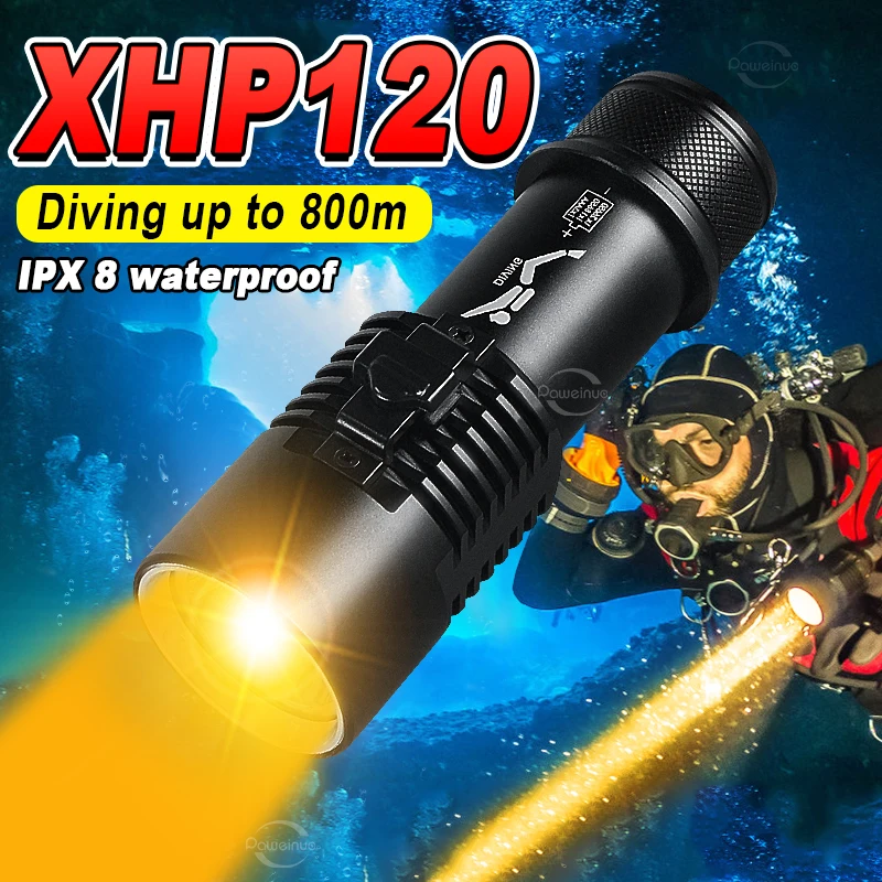 Профессиональный Фонарик для Дайвинга XHP120 Теплый свет 800 м IPX8 Подводный Водонепроницаемый фонарь для подводного плавания Dive Light Ручной светильник0