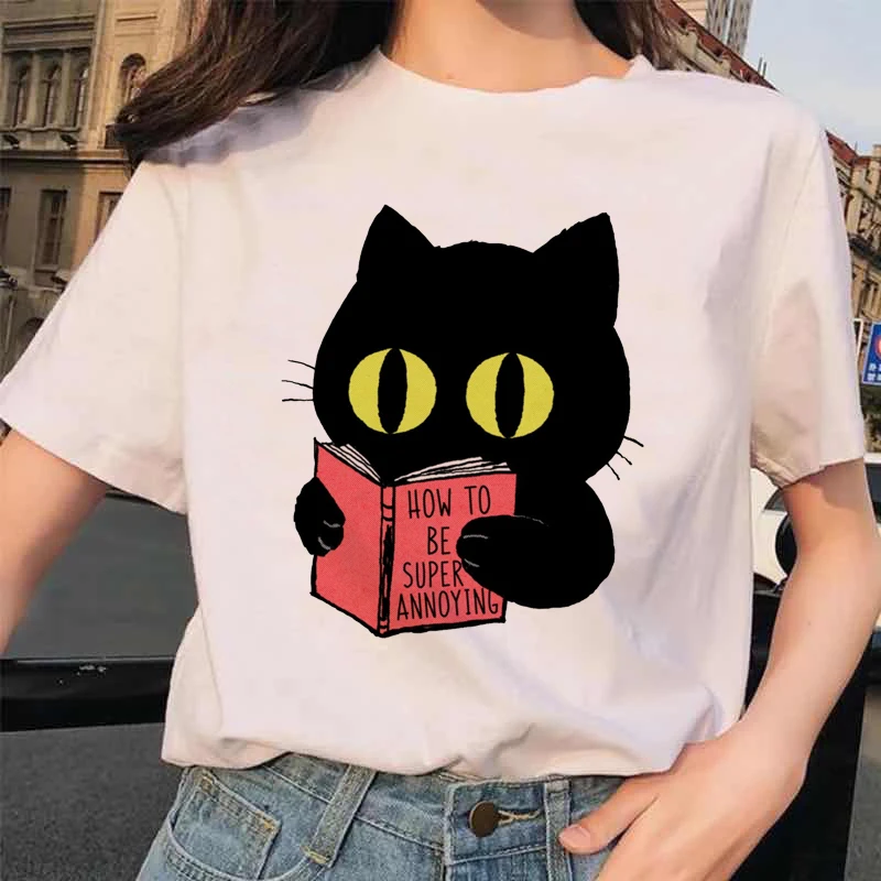Ретро-универсальная забавная футболка с рисунком кота из мультфильма, Летняя новая женская футболка с коротким рукавом, модная одежда, футболка с рисунком5