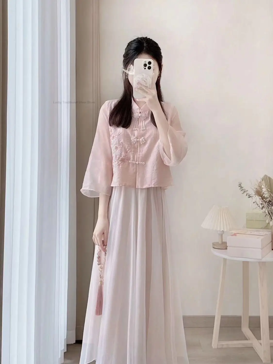 Розовое Новое Женское платье в Китайском стиле, Рубашка с вышивкой, Женский Улучшенный Комплект из Топа и Юбки Hanfu, Комплект Из платья Chiifon Cheongsam0