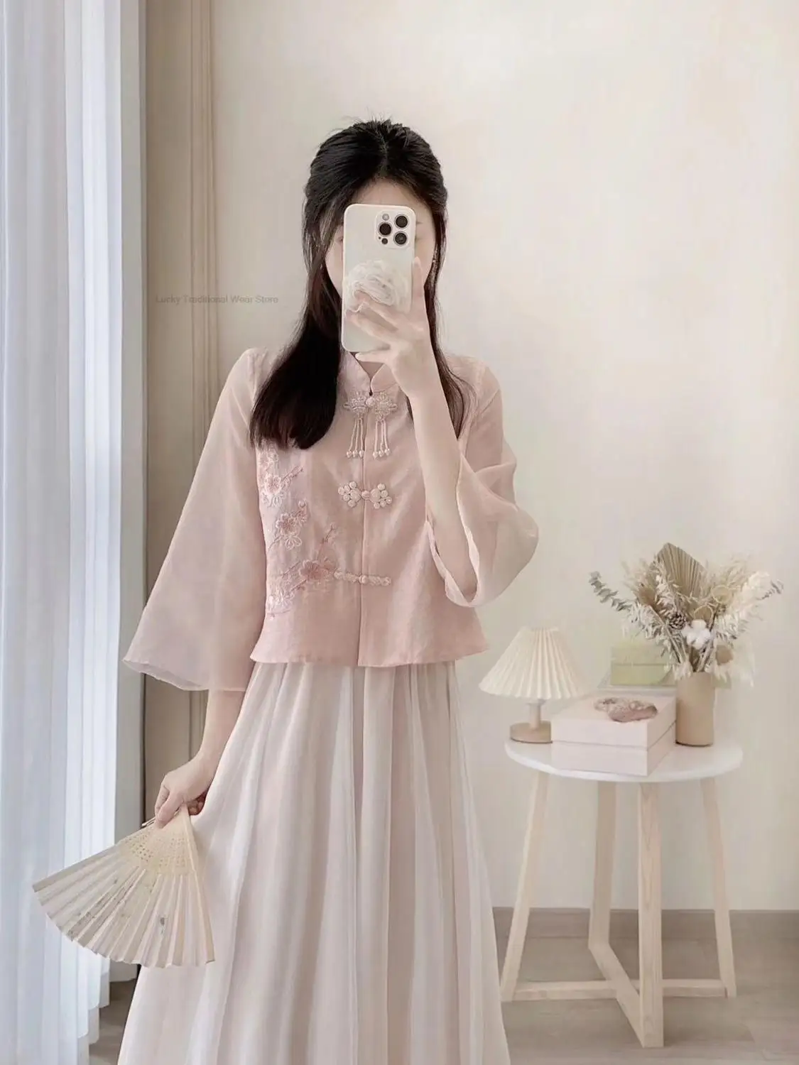 Розовое Новое Женское платье в Китайском стиле, Рубашка с вышивкой, Женский Улучшенный Комплект из Топа и Юбки Hanfu, Комплект Из платья Chiifon Cheongsam1