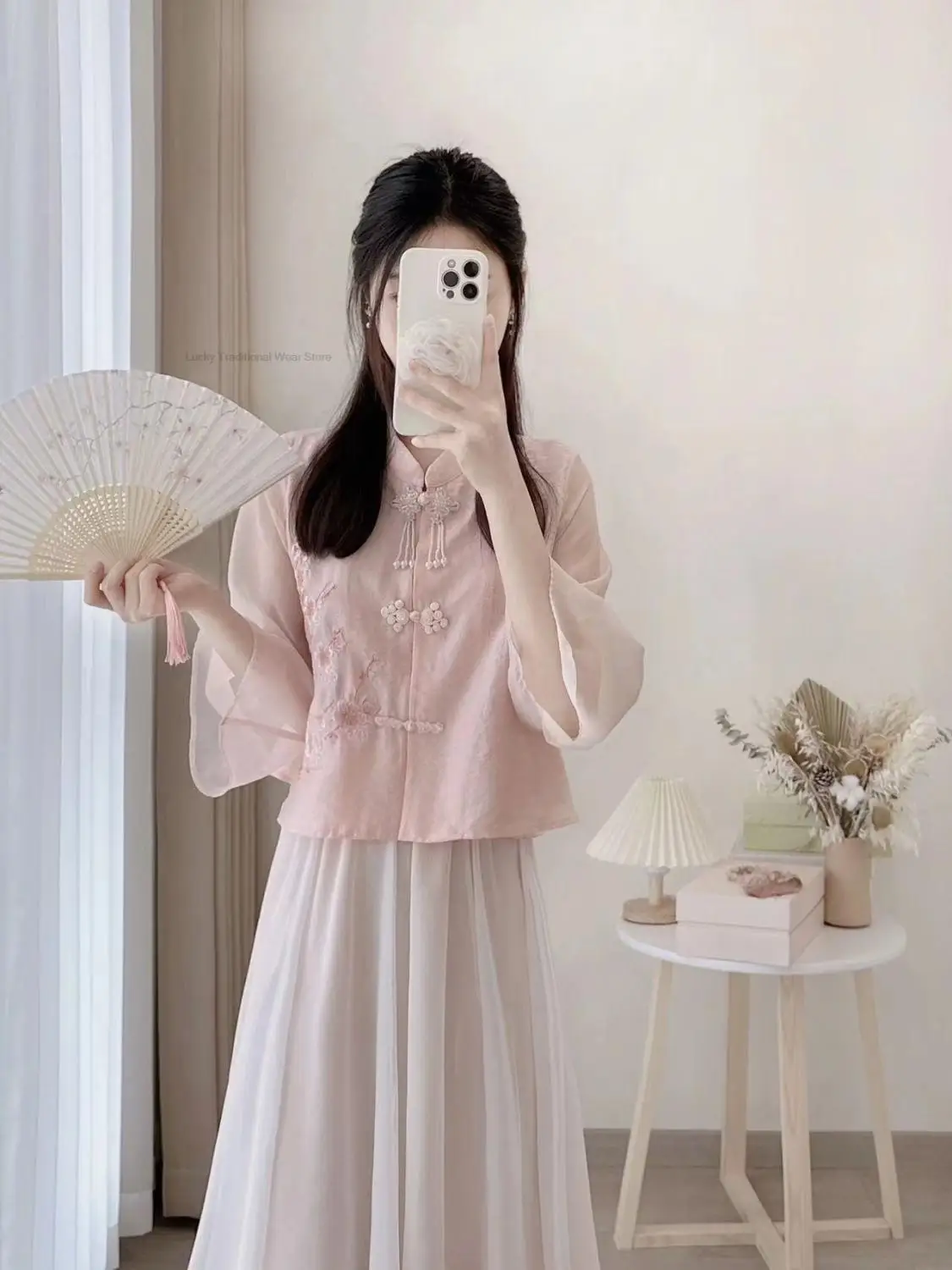 Розовое Новое Женское платье в Китайском стиле, Рубашка с вышивкой, Женский Улучшенный Комплект из Топа и Юбки Hanfu, Комплект Из платья Chiifon Cheongsam2