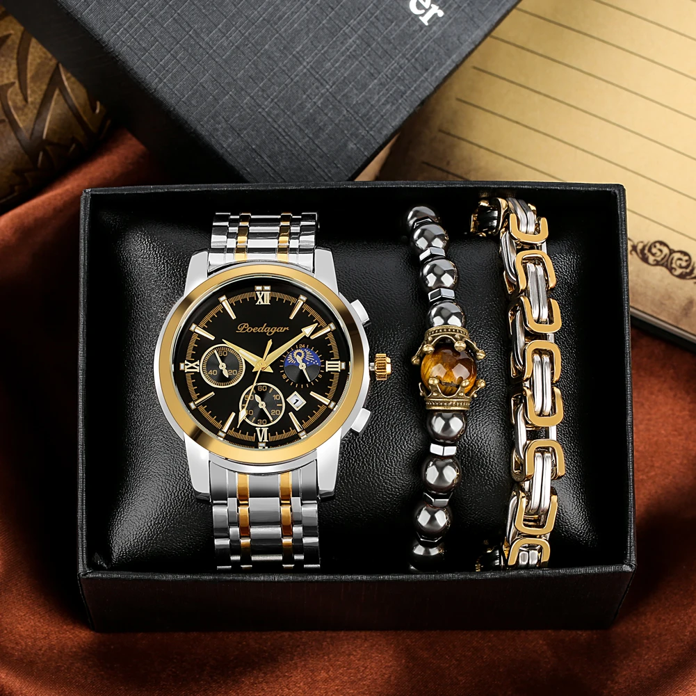 Роскошные мужские часы, деловые кварцевые наручные часы, светящийся водонепроницаемый подарок для парня с набором модных браслетов Reloj Hombre0