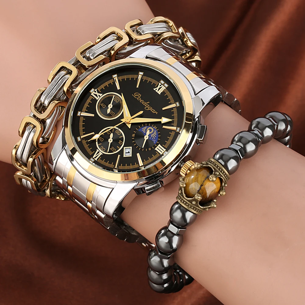 Роскошные мужские часы, деловые кварцевые наручные часы, светящийся водонепроницаемый подарок для парня с набором модных браслетов Reloj Hombre4