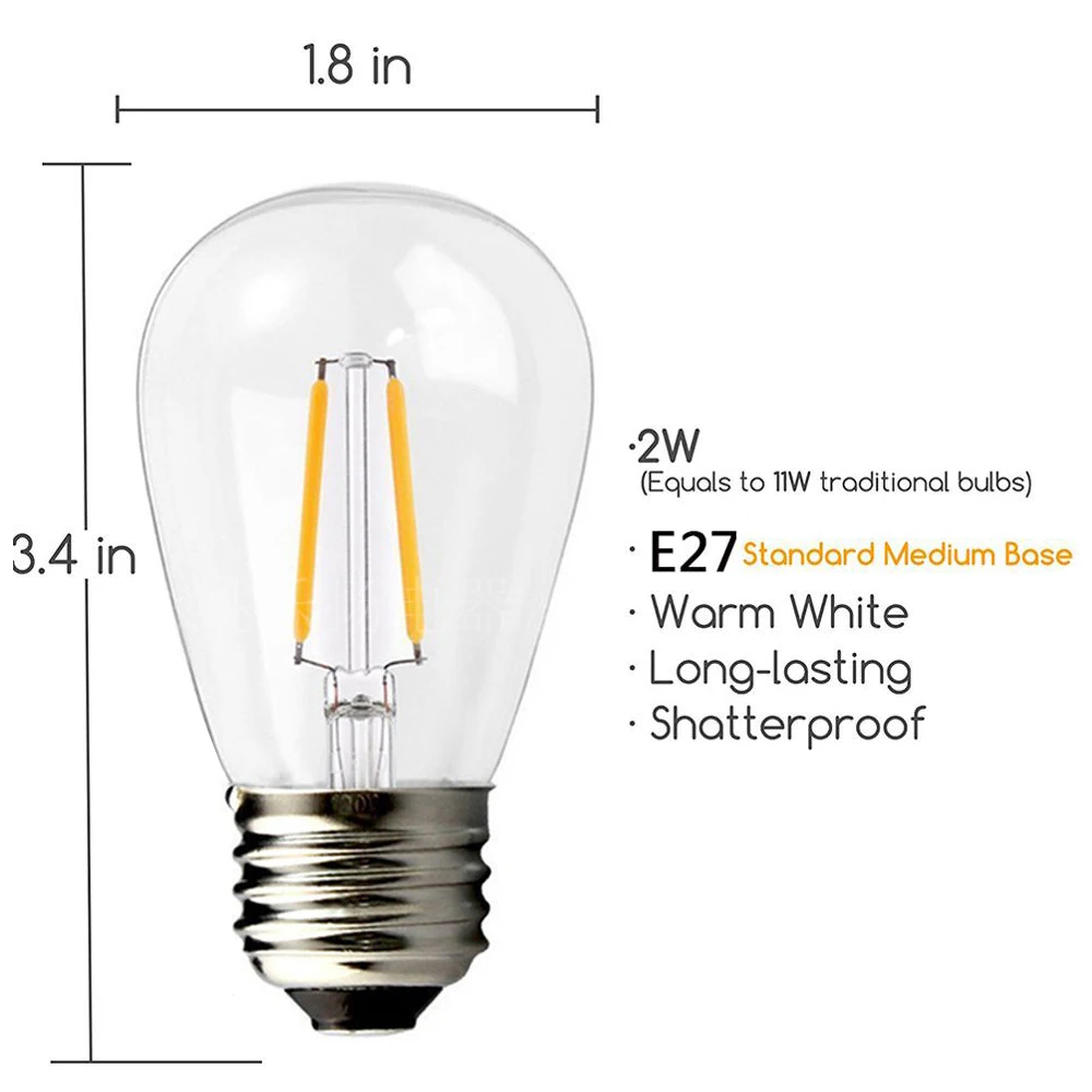 Светодиодные Сменные Лампочки S14 Небьющиеся Теплые Белые 2700K E27 Винтажные светодиодные Лампы Эдисона для Наружного Сада, Двора, Струнных Светильников3