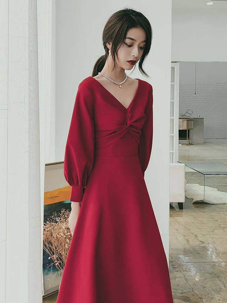 Сексуальное Красное платье Чонсам на молнии с V-образным вырезом, Элегантное Плиссированное Свадебное платье Невесты с бантом, Винтажное Платье с рукавом-фонариком средней длины Vestidos2