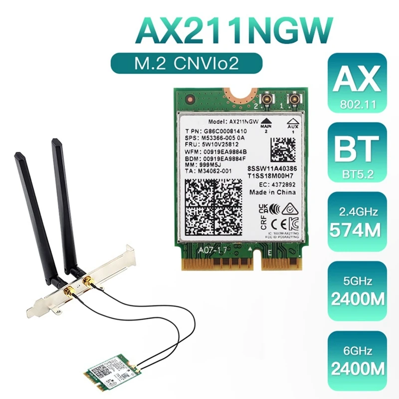 Сетевая карта Печатная плата Сетевая карта AX211NGW + Двойная антенна WiFi 6E M.2 Key E Cnvio2 2,4 ГГц/5 ГГц 802.11Ac Bluetooth 5,2 Адаптер0