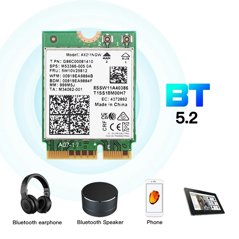 Сетевая карта Печатная плата Сетевая карта AX211NGW + Двойная антенна WiFi 6E M.2 Key E Cnvio2 2,4 ГГц/5 ГГц 802.11Ac Bluetooth 5,2 Адаптер2