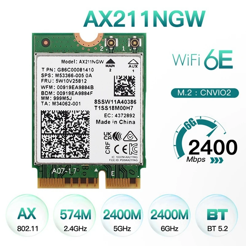Сетевая карта Печатная плата Сетевая карта AX211NGW + Двойная антенна WiFi 6E M.2 Key E Cnvio2 2,4 ГГц/5 ГГц 802.11Ac Bluetooth 5,2 Адаптер4