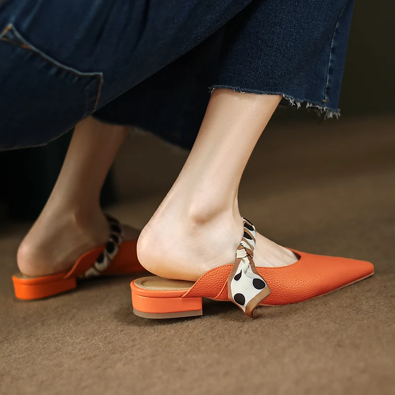 Тапочки Сандалии Muller 2023 Летняя женская весенняя обувь На низком каблуке Роскошная женская Домашняя одежда Элегантные вечерние оранжевые туфли-лодочки3
