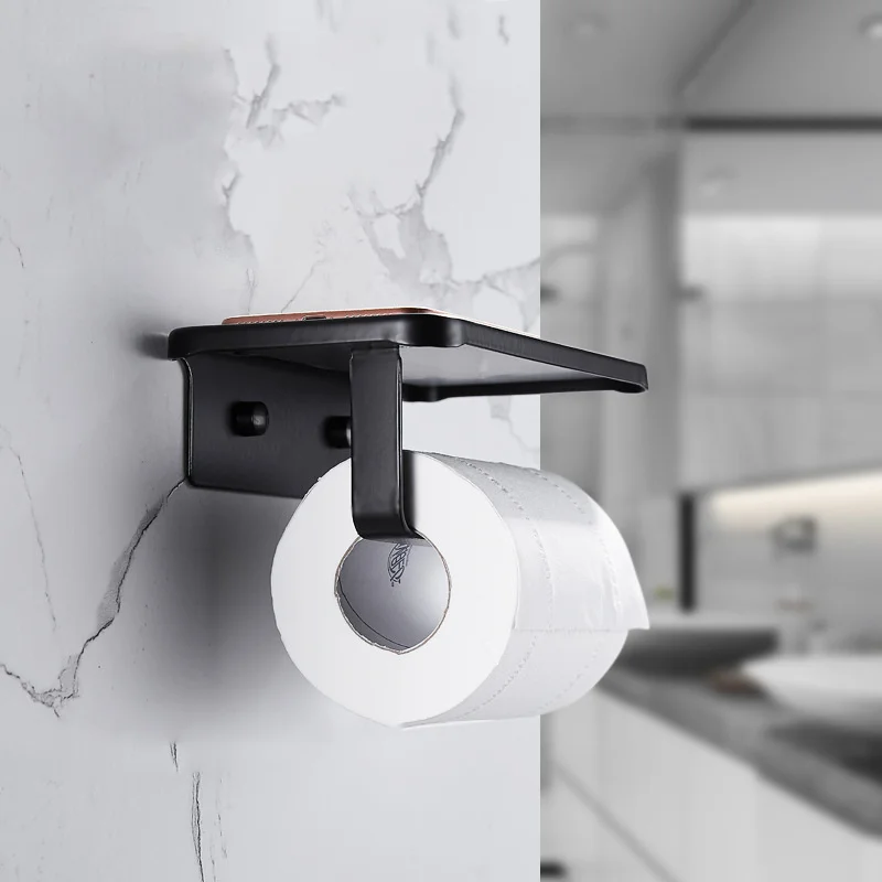 Черный настенный держатель для туалетной бумаги, Алюминиевый Держатель для салфеток, держатель для рулона бумаги с полкой для хранения телефона, аксессуары для ванной комнаты4