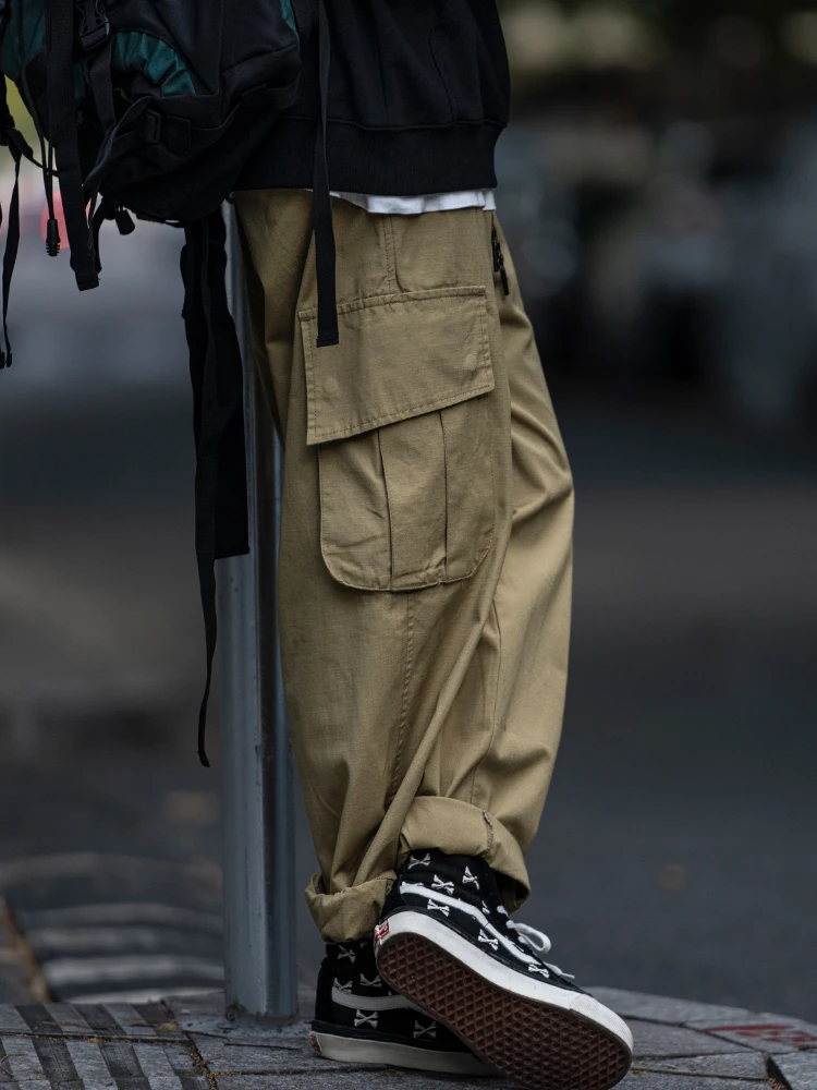 Японская уличная одежда, ретро Брюки-карго, Мужская одежда, Весна-осень, Корейские прямые брюки Harajuku, повседневные мешковатые брюки цвета Хаки, мужские3
